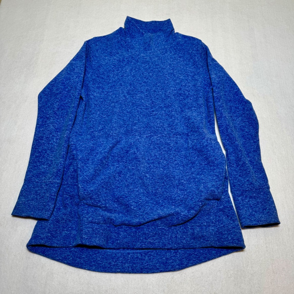 Duluth Trading Co Womens Blue Heathered Fleece Mock Neck Tunic Kangaroo Pocket M